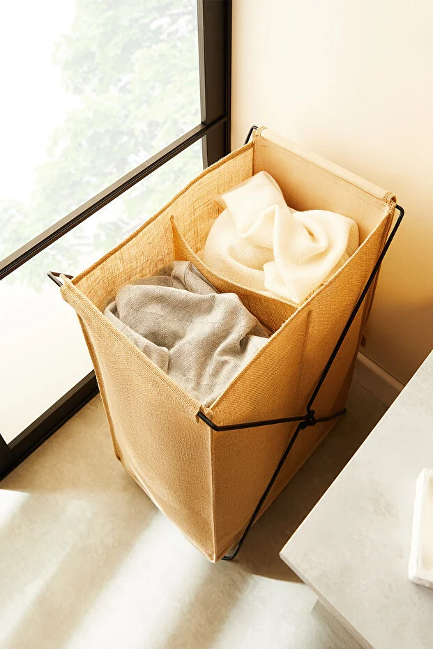 Katlanabilir Bölmeli Siyah Destekli Naturel Jüt Düzenleyici Çamaşır Sepeti 44x29.5x63